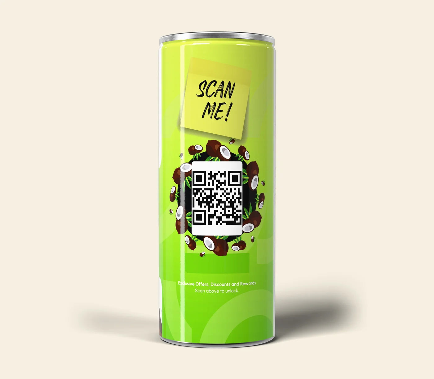 The side of an HfreeO can, with the SCAN ME note and its scan code.