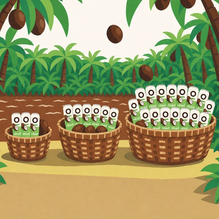 Drawn HfreeO cans filling three baskets, small, medium and big