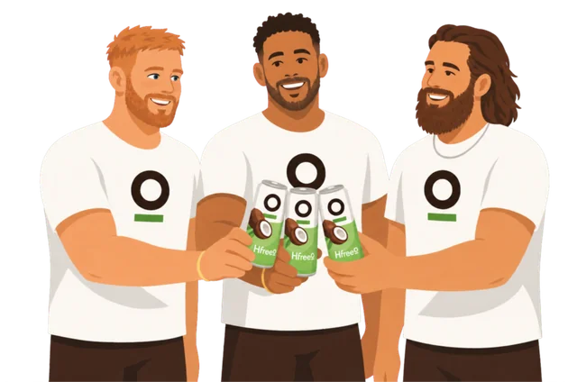 Drawing of Cole, Stuart and Josh clinking cans of HfreeO